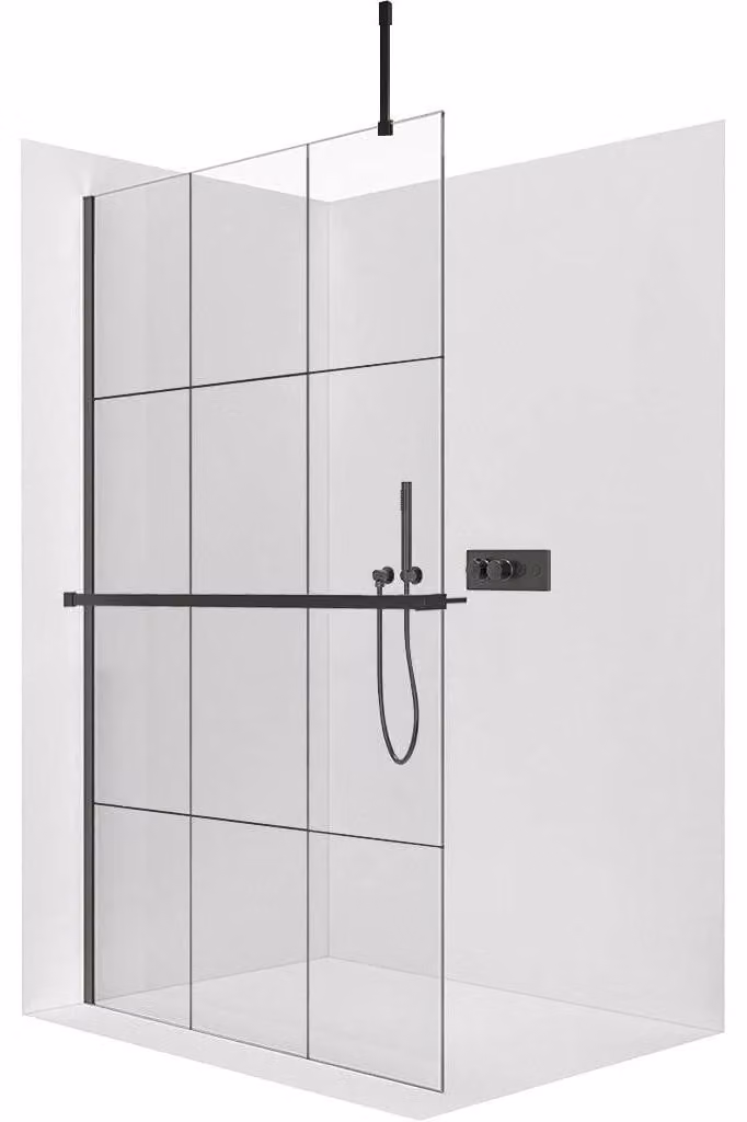 CERANO - Box doccia Walk-in Onyx Top Cube L/P - 8 mm - montante angolare + mensola/portasciugamani - nero opaco, vetro industriale - 130x200 cm