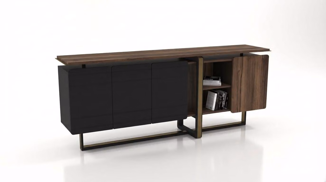 Consolle moderna, mobile contenitore laterale, legno e metallo, arredamento per soggiorno