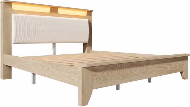 Letto matrimoniale in rovere chiaro 140×200 cm con testiera contenitore, illuminazione LED e schienale imbottito in velluto beige, struttura con doghe in legno