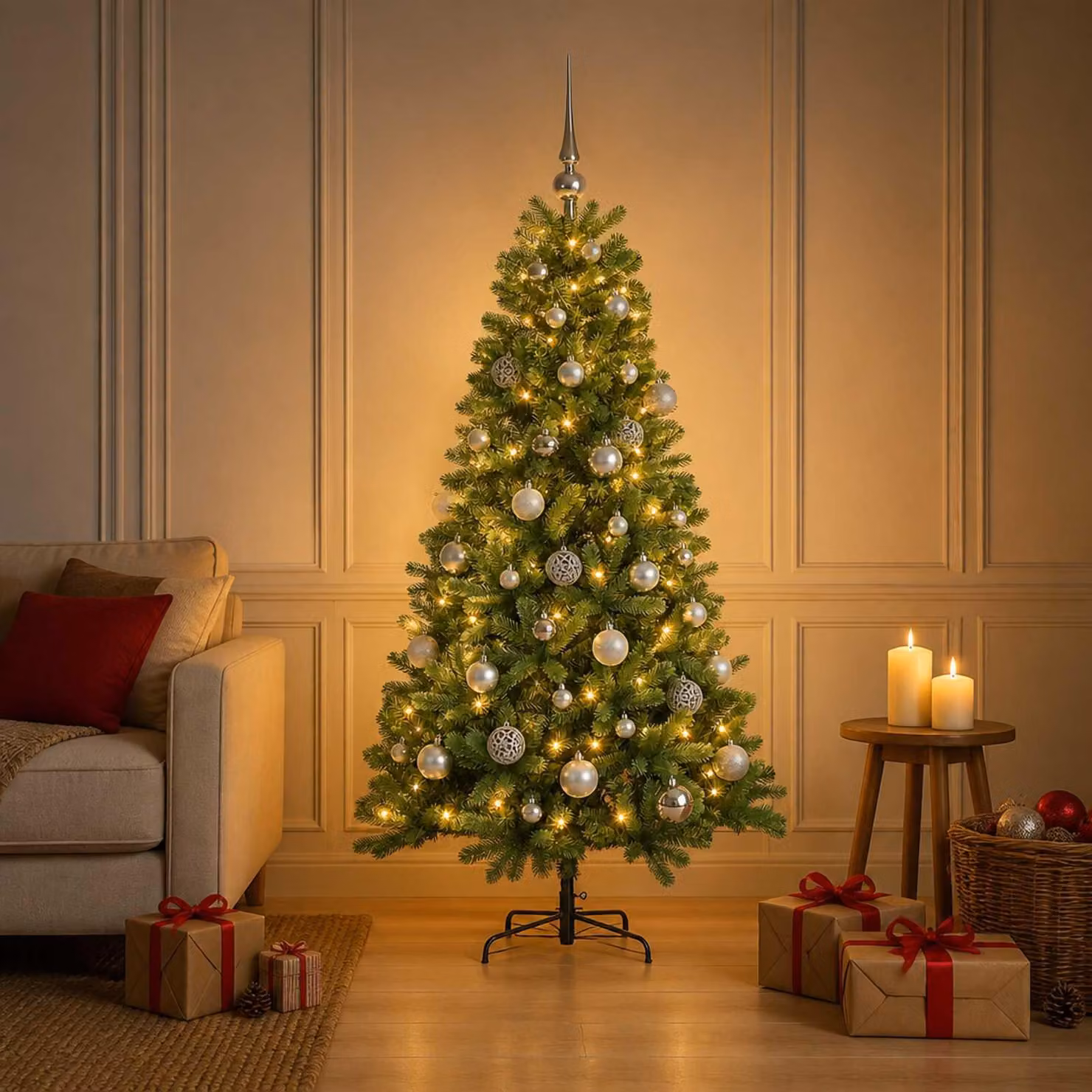 Albero di Natale artificiale con decorazioni natalizie, altezza 150 cm, 150 luci LED