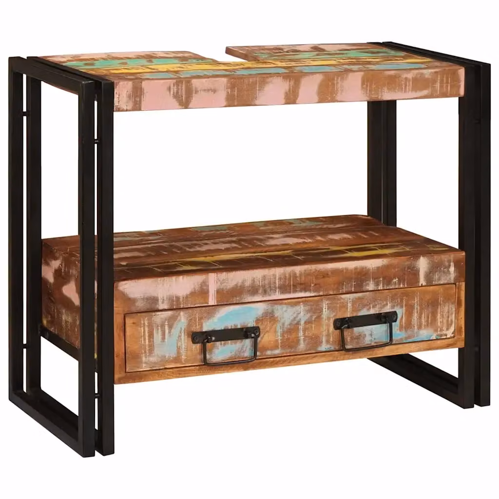 Mobile sottolavabo da bagno vidaXL in legno e metallo nero e multicolore con ante a battente e ripiani interni – 2
