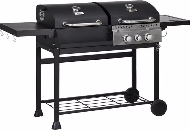 Barbecue a Gas per Giardino con 5 Bruciatori Termometro e Ripiano Scaldavivande, Barbecue da Esterno Robusto Nero e Argento, 161 x 54 x 103 cm