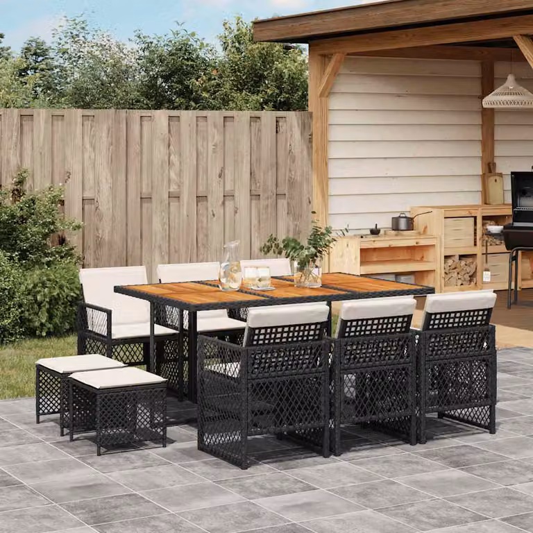 vidaXL Set da Pranzo da Giardino 11 pz in Polyrattan e Legno di Acacia con Cuscini Nero e Bianco
