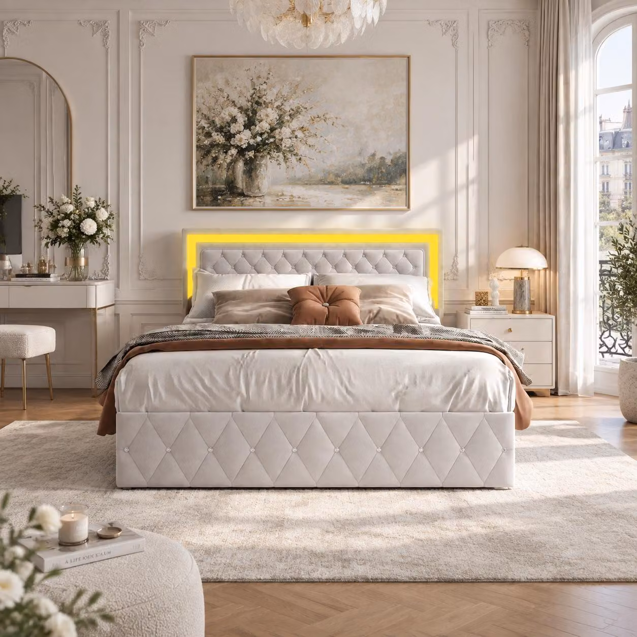 Letto idraulico imbottito INONEFT, 160x200 cm, con illuminazione LED, letto per ragazzi con poggiatesta regolabile in altezza, struttura del letto con rete a doghe, tessuto velluto color beige