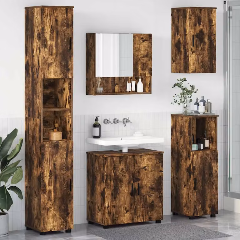 Set di mobili per il bagno moderno vidaXL in legno e metallo marrone, composto da mobile lavabo, armadietto con specchio e colonna, montaggio a parete, L/P/H: 61 x 35 x 64 cm