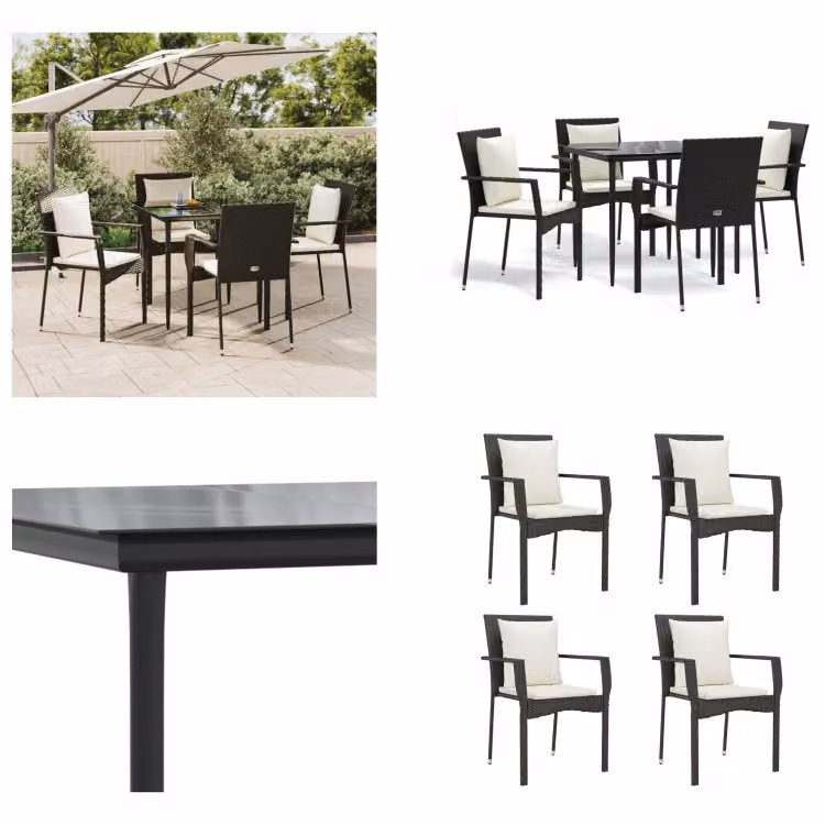 vidaXL Set da pranzo da giardino 5 pezzi con cuscini in poly rattan nero - Set da pranzo da giardino - Set da pranzo da giardino - Set da pranzo da terrazza