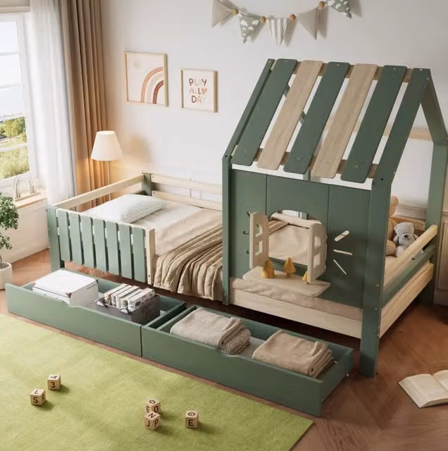 Letto a casetta 90x200 cm verde e naturale in pino e MDF; 2 cassetti