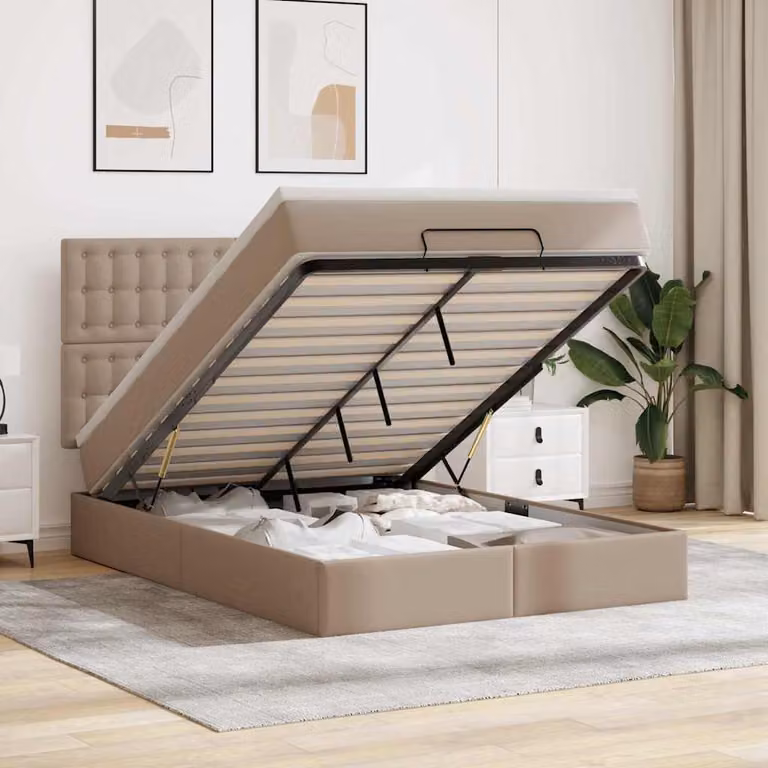 Letto contenitore con pouf e materasso vidaXL in similpelle beige e bianco L/P/H: 193 x 144 x 128 cm