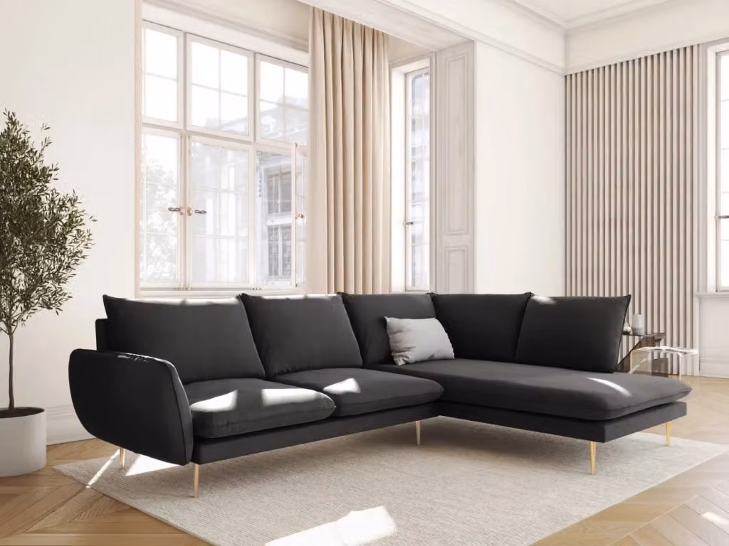 Divano angolare destro Vienna di Cosmopolitan Design in velluto grigio scuro con dettagli oro, 6 posti, L 275 cm x P 185 cm x H 95 cm – 2
