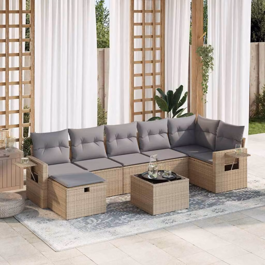 Set Divano da Giardino vidaXL 8 pz in Polyrattan Beige con Cuscini e Tavolino da Esterno a Forma di L