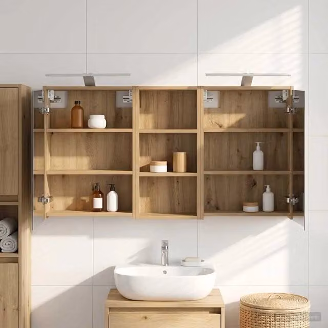 Set di 3 armadi da bagno vidaXL in legno marrone con specchio e illuminazione LED, L/P/H: 116 x 16 x 62,5 cm