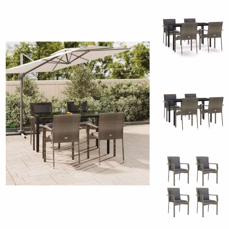 vidaXL Set da pranzo da giardino 5 pezzi con cuscini in poly rattan nero e grigio - Set di mobili da giardino