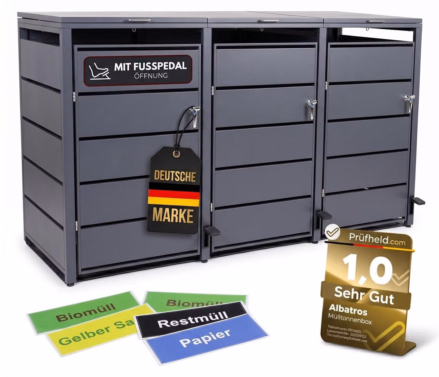 Contenitore per bidoni della spazzatura da 3 scomparti, con pedale, capacità da 120L a 240L, per tre bidoni, rivestimento in metallo di acciaio zincato, colore grigio antracite RAL7016
