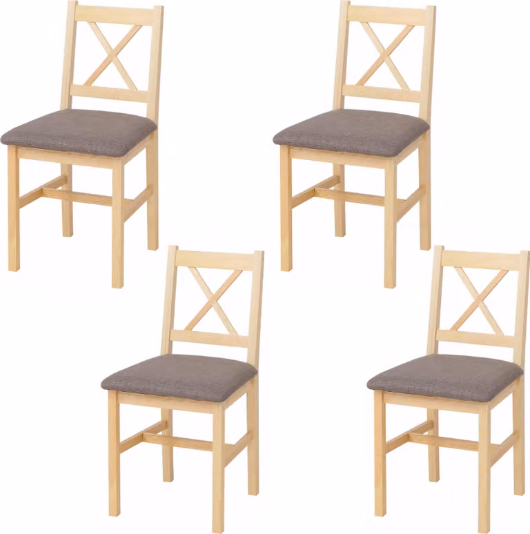 set di 4 sedie per sala da pranzo HWC-F77, poltrona sedia da cucina, legno massello tessuto casa di campagna ~ naturale, rivestimento grigio