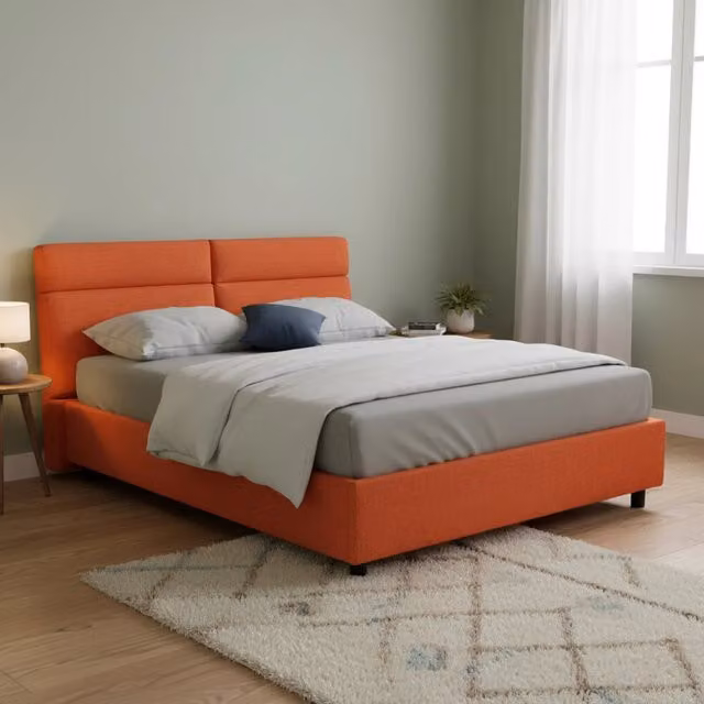 Letto Matrimoniale Annus DMORA con Materasso Incluso, Struttura Imbottita in Tessuto con Contenitore a Alzata, Arancione, L: 160 cm, P: 200 cm, H: 180 cm – 1