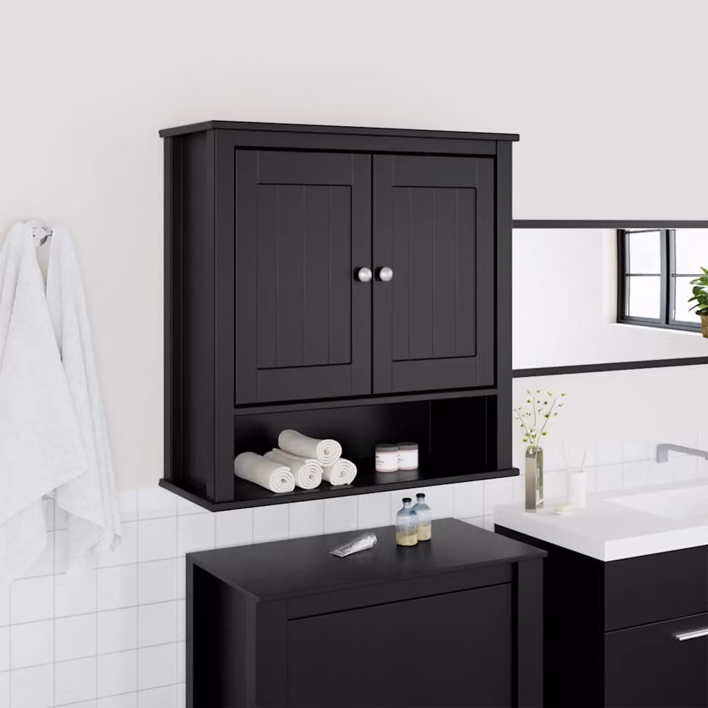 Mobile da bagno a muro vidaXL BERG in legno massello nero L: 69,5 cm, P: 27 cm, H: 71,5 cm