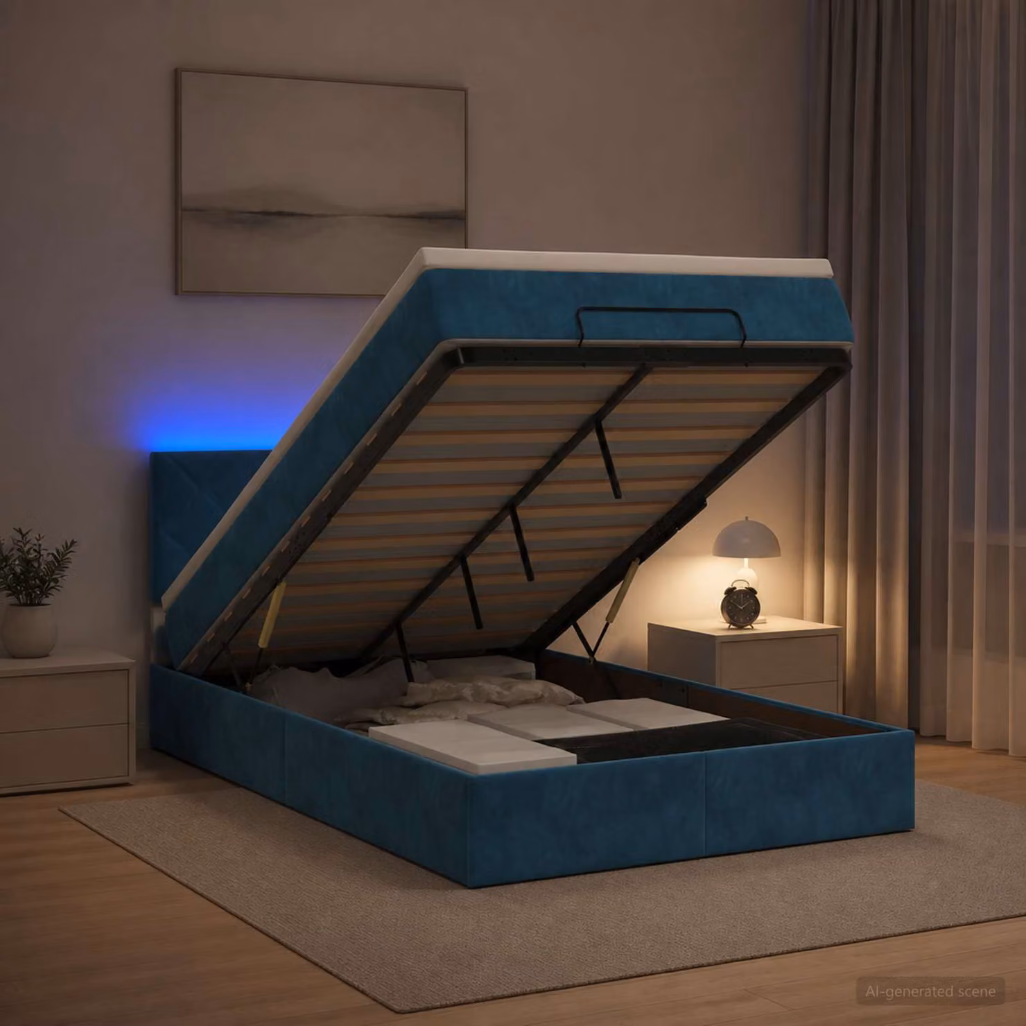 vidaXL Letto Ottomano Moderno in Velluto Blu con Materasso Ibrido e Illuminazione LED Sotto il Letto L: 200 cm, P: 120 cm, H: 88 cm