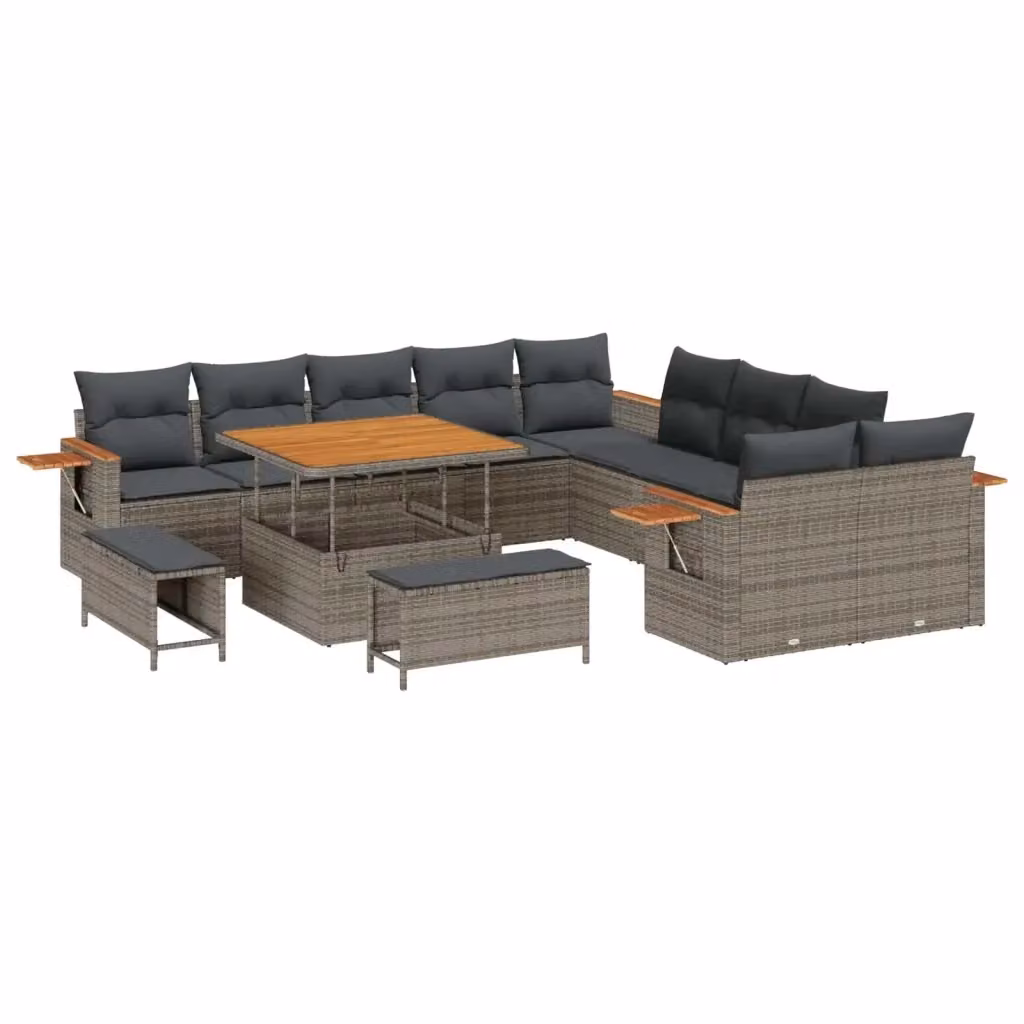 Set Divano da Giardino vidaXL a forma a U in Polyrattan Grigio con 13 Pezzi, Comprensivo di Divano a 3 Posti, Elementi Angolari, Ottoman, Tavolino da Caffè e Cuscini Imbottiti – 2