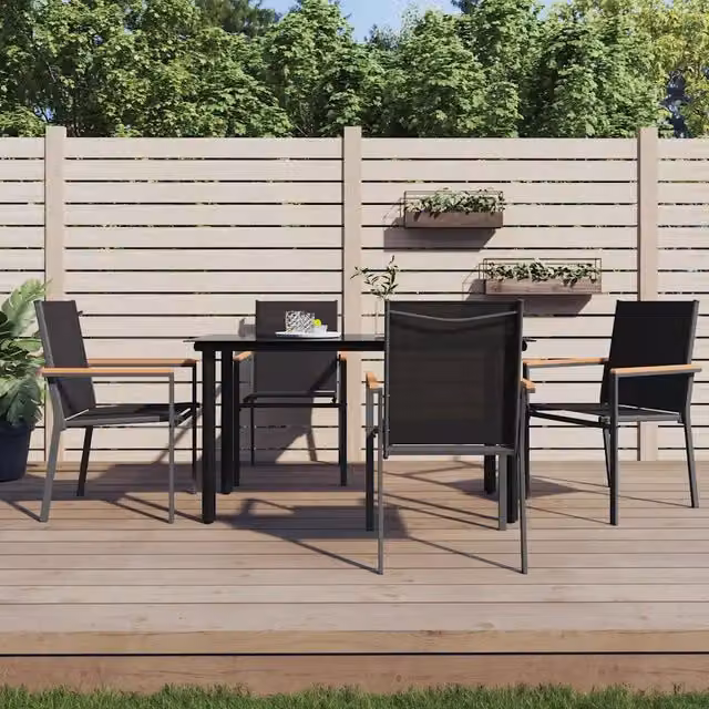 Set da pranzo da giardino vidaXL in 5 pezzi nero con tavolo in vetro e sedie in acciaio rivestito in polvere – 1