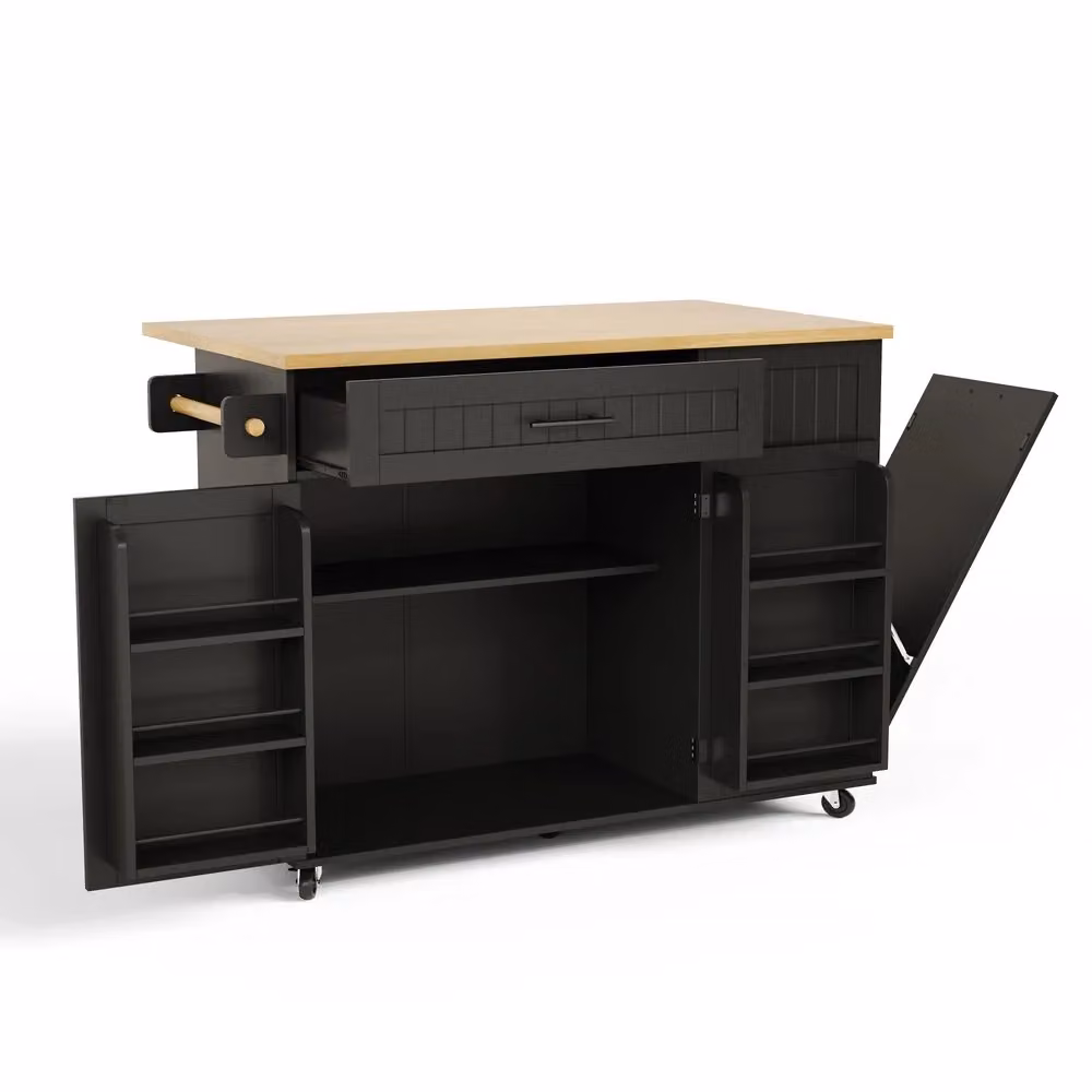 Mobile isola cucina Minimal nero con ruote bloccabili e scomparti contenitore L: 130 cm, P: 45 cm, H: 93 cm – 2