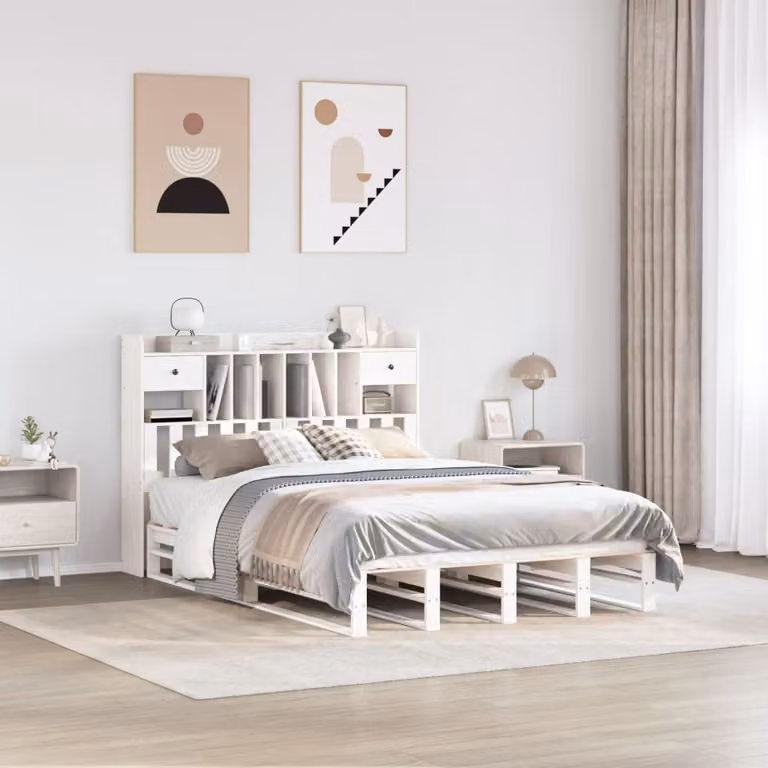 vidaXL Letto Libreria in Legno di Pino Bianco con Ripiani Laterali L/P/H: 160 x 200 x 110 cm