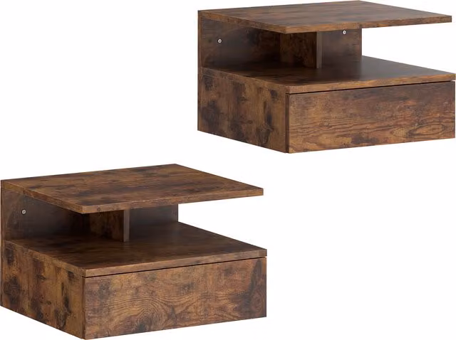 HOMCOM Set di 2 Comodini Sospesi con Cassetto e Mensola Aperta, 35x32x22.5 cm, Marrone Rustico   Aosom Italy