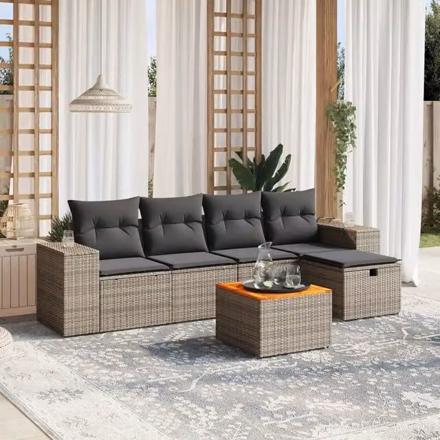 Set Divano da Giardino a L vidaXL in Polyrattan Grigio con 6 Pezzi e Cuscini Inclusi