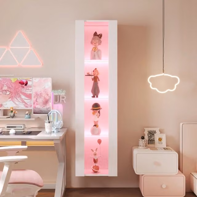 Vetrina multifunzione 40x29x170 cm, design minimalista bianco, ripiani in vetro, illuminazione LED cambio colore con controllo APP, pannello acrilico, montaggio a parete