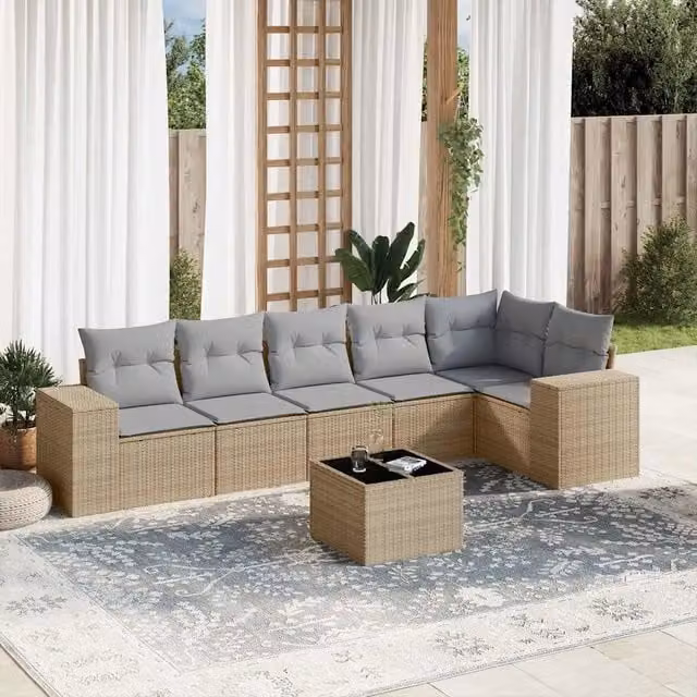 Set Divani da Giardino 7 pz con Cuscini Beige in Polyrattan 3222598