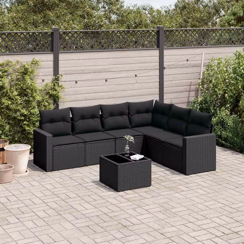 vidaXL Set Divano da Giardino a L con Cuscini 7pz Nero in Polyrattan e Acciaio – 1