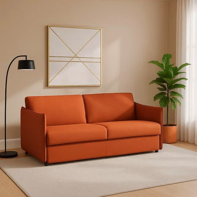 Divano fisso a 2 posti Monleale in tessuto arancione con coperture sfoderabili, Made in Italy, L: 160 cm, P: 95 cm, H: 90 cm – 1