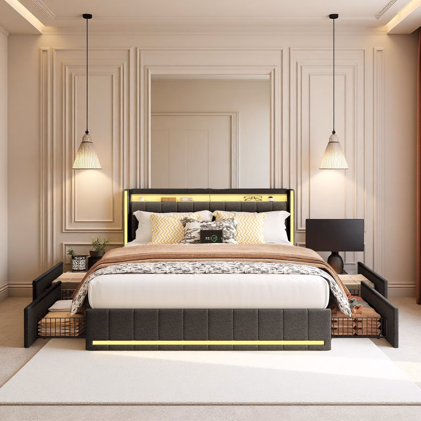 Letto INONEFT, dimensioni 160x200 cm, con spazio contenitore, 4 cassetti, imbottito, con illuminazione LED, prese di tipo C e USB, rivestito in lino, colore grigio scuro, senza materasso