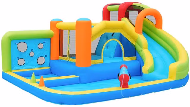 Castello gonfiabile Aosom con scivolo d'acqua, trampolini e soffiatore, Parco acquatico multifunzionale Blu e multicolore, L: 410 cm, P: 315 cm, H: 203 cm – 1