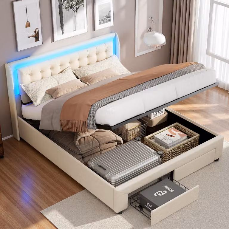 Letto imbottito ProximaX 160x200 cm con contenitore, letto in velluto con LED RGB, contenitore idraulico e 2 cassetti, robusto, moderno, beige