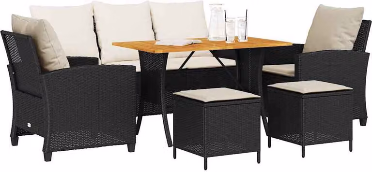 Set Divano da Giardino 6 pz con Cuscini Nero in Polyrattan