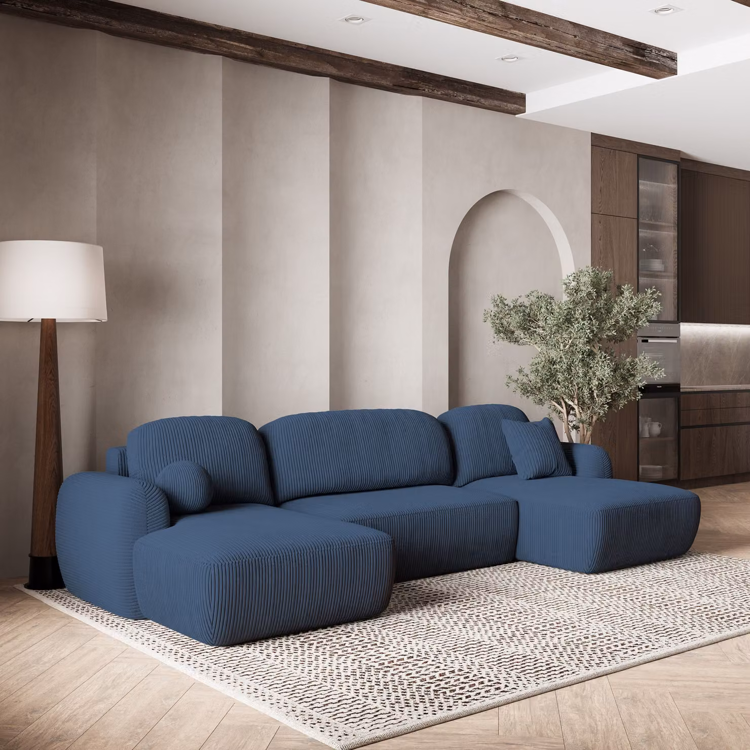 Divano angolare SAVONA P di Masseno con funzione letto a U, divano con box letto, divano da soggiorno, divano, divano letto, set di divani - blu, POSO 05