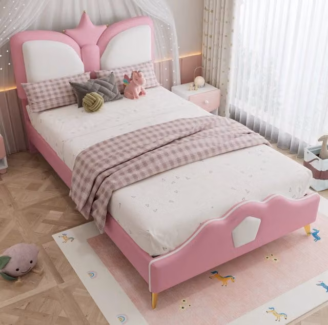 Letto imbottito ULEVR 90x200 cm per cameretta con testiera a corona, bordi morbidi, rosa e bianco