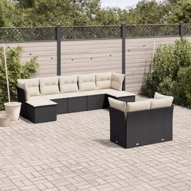 Set Divani da Giardino 9 pz con Cuscini Nero in Polyrattan 3218306