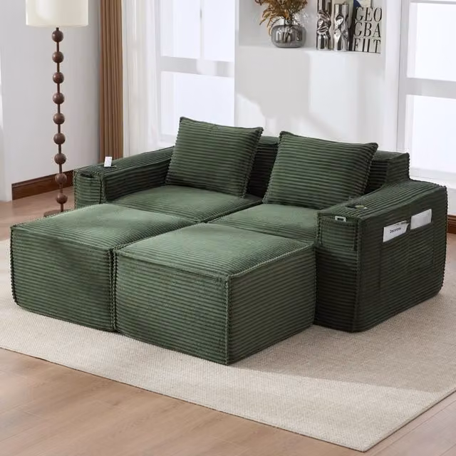 Divano modulare 2 posti WISHDOR in velluto a coste verde con pouf coordinato, porta bicchieri e tasche laterali, L: 188 cm, P: 75 cm, H: 75 cm