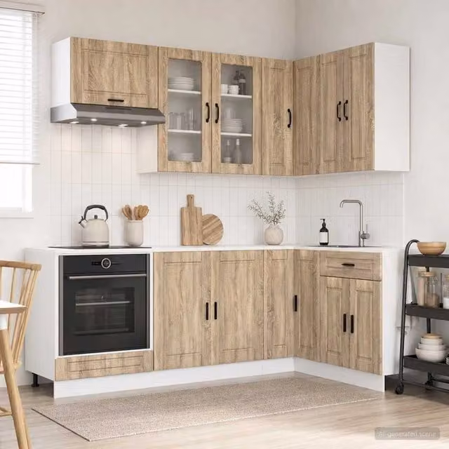 Unità cucina moderna vidaXL PORTO composta da 8 pezzi in legno color rovere con ante in vetro e finitura opaca marrone