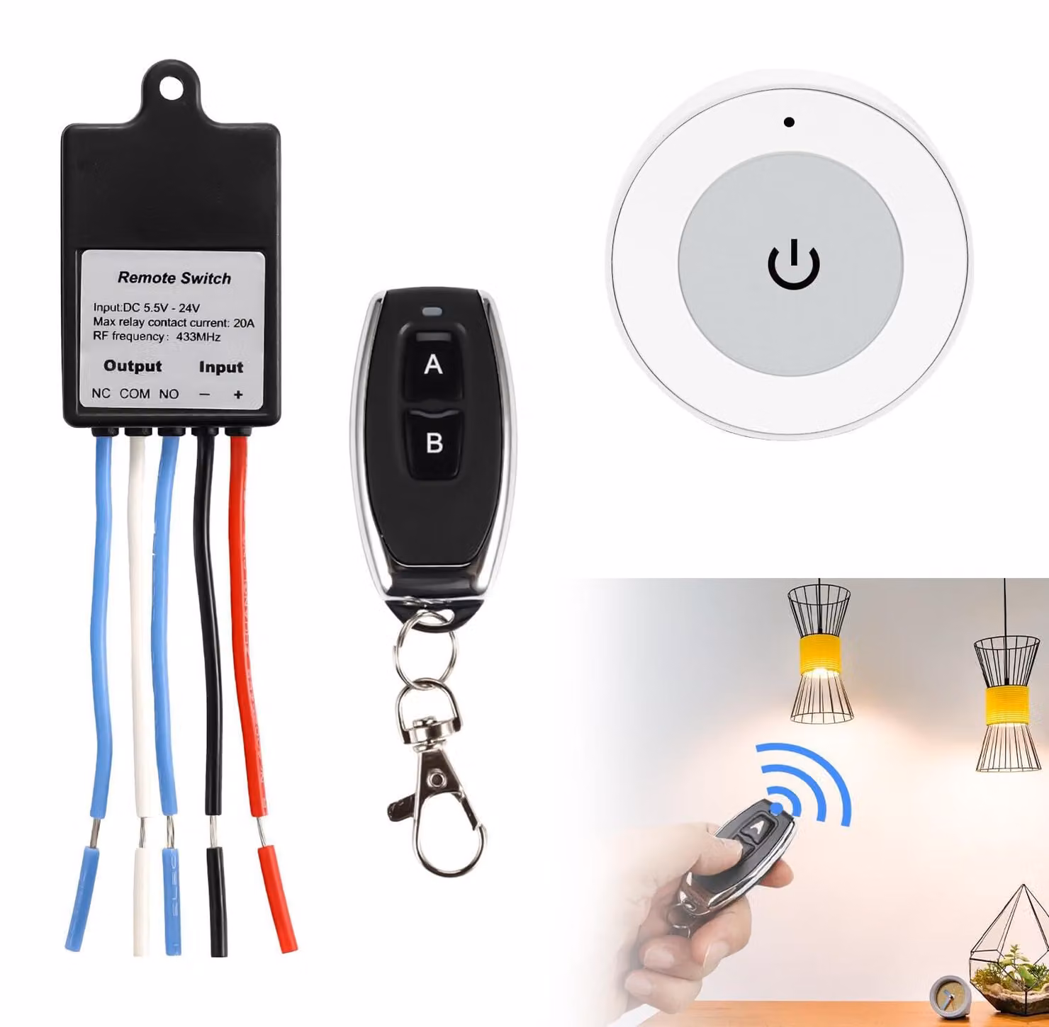 Interruttore a distanza, interruttore radio 12V, relè da 5A per interruttori radio DC 5,5V~30V. Interruttore radio a lunga portata (50 metri) con 2 telecomandi, ideale per luci a soffitto, motori, lampade e decorazioni natalizie