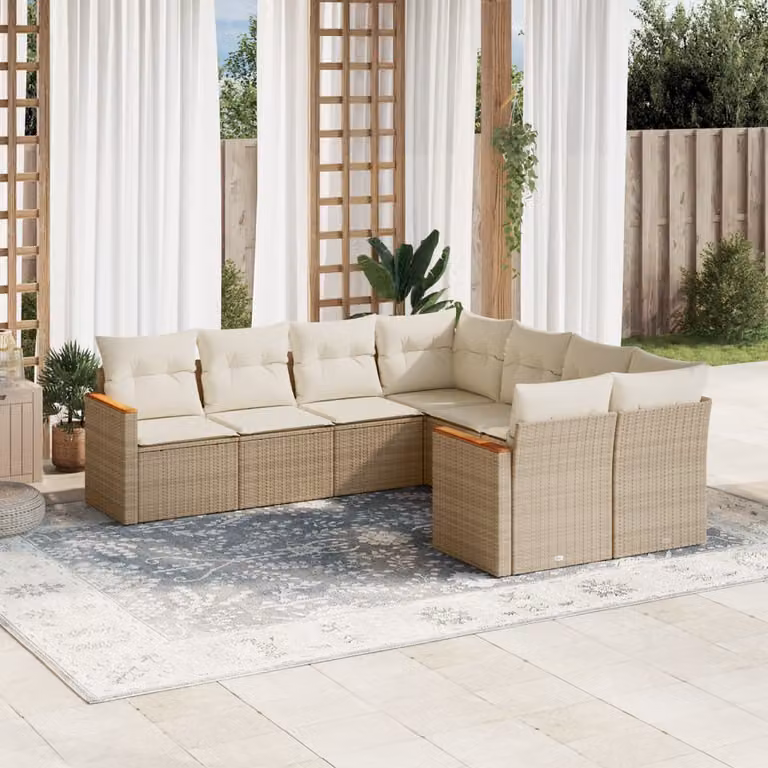 Set Divano da Giardino a L vidaXL 8 pz con Cuscini Beige e Struttura in Metallo e Polyrattan