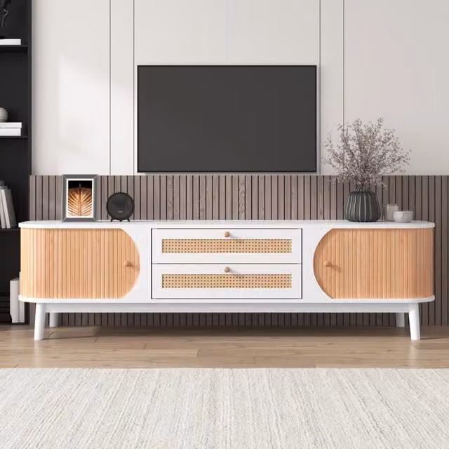 Mobile TV REDOM in stile rustico con ante e cassetti in bianco, beige e legno con dettagli in rattan, L 170 cm x P 39,5 cm x H 46 cm
