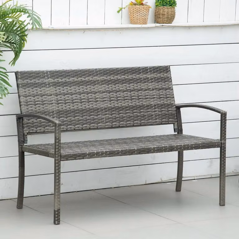 Panca da giardino - Panca da esterno - In vimini di polyrattan - Struttura in acciaio - Design monofacciale - Con braccioli - 122×60×85 cm - Grigio scuro