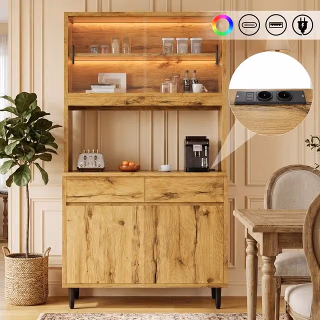 Credenza alta con ampio spazio contenitivo 100 x 40 x 185 cm; porte in vetro e LED; color rovere