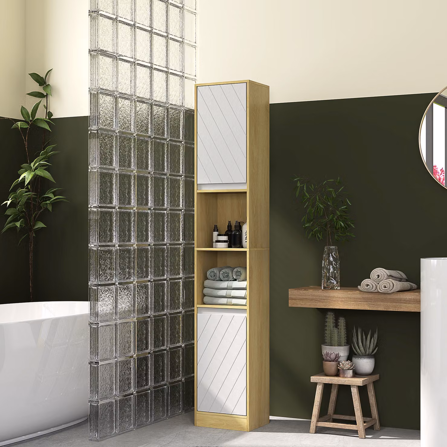 Colonna Salvaspazio per Bagno HOMCOM in Legno con 2 Armadietti e Ripiani, L/P/H: 30 x 24 x 170 cm, Rovere e Bianco – 2