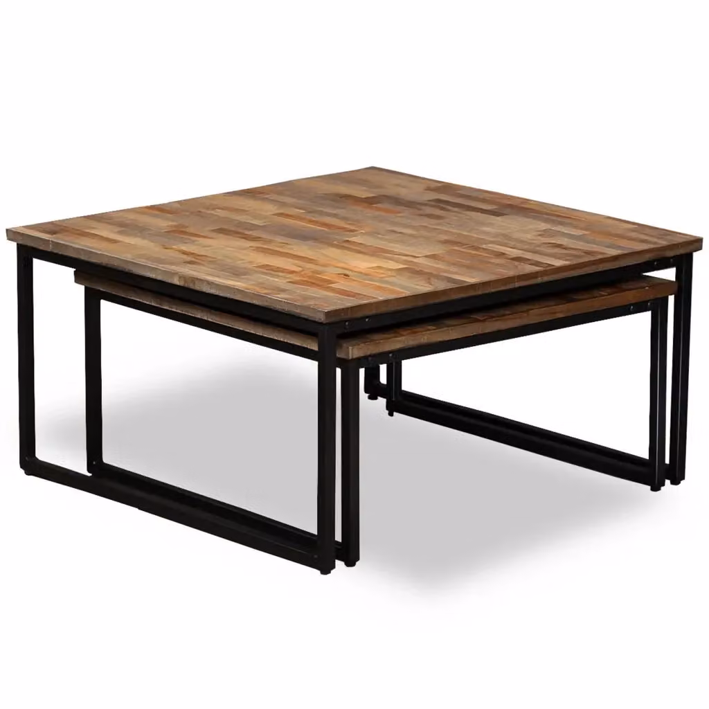 Set di 2 tavolini a incastro vidaXL in teak massello e metallo, colore marrone, stile industrial per soggiorno – 2