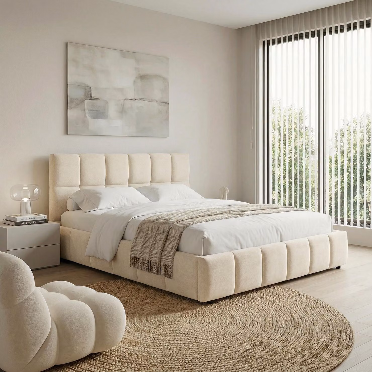 Letto imbottito EMILIA 140x200 cm, bianco crema - Letto con rete a doghe, struttura con testiera imbottita, rivestimento in tessuto con moderna trapuntatura, design moderno e struttura robusta