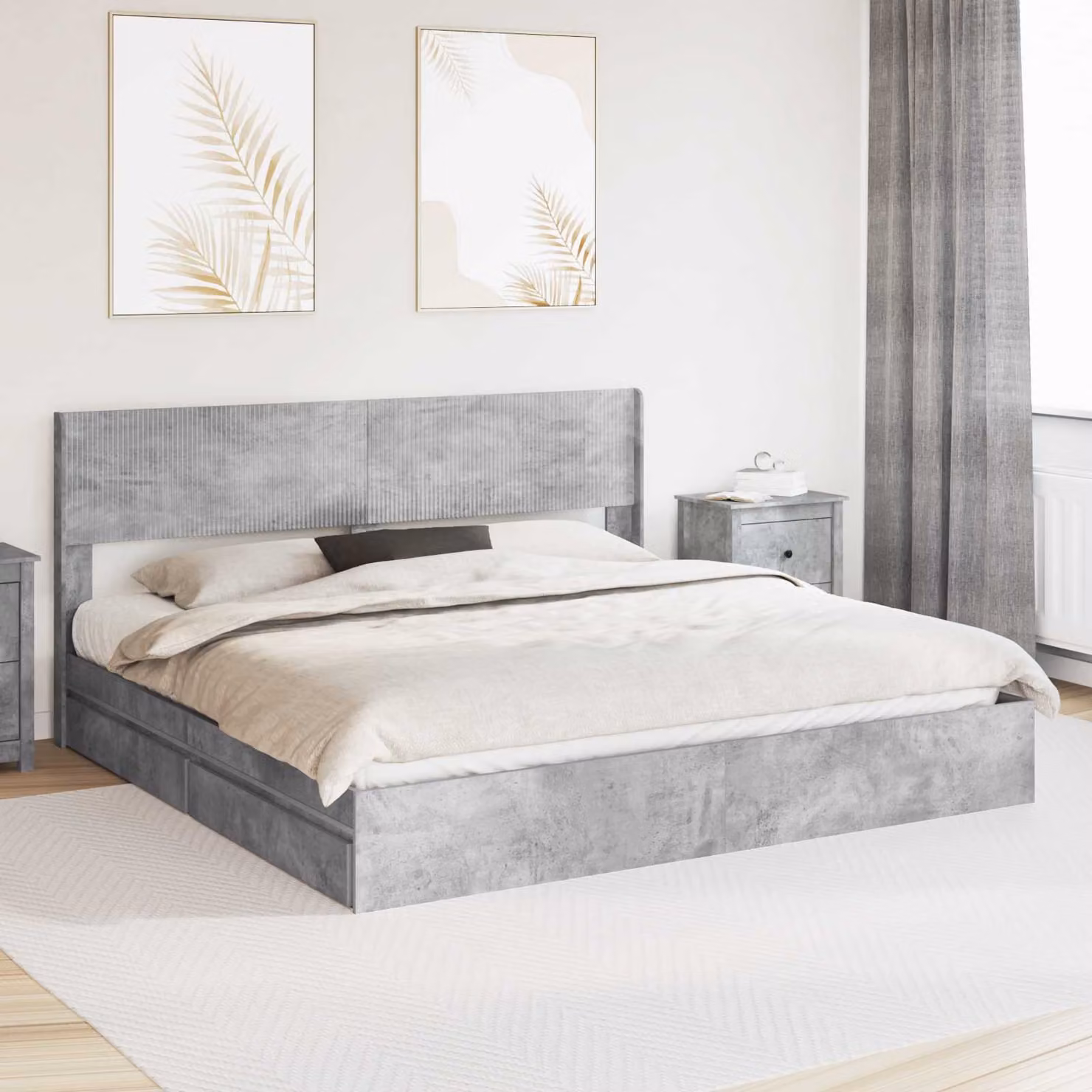 Struttura letto con contenitore e testata vidaXL in legno ingegnerizzato grigio L: 140 cm, P: 203 cm, H: 28 cm