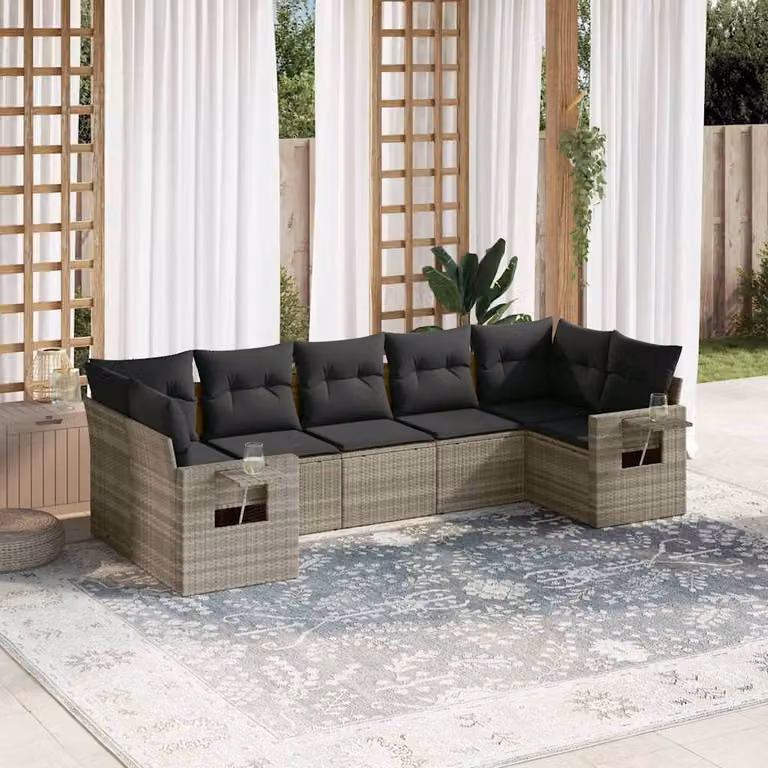 vidaXL Set Divani da Giardino a L 7pz in Polyrattan Grigio con Cuscini Imbottiti e Rivestimenti Rimovibili